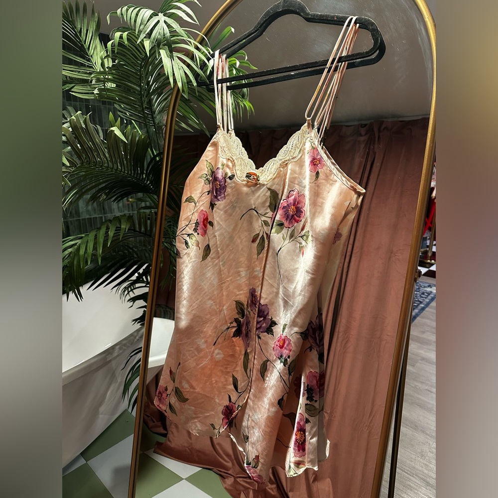 Floral Satin Slip Dress with Lace Trim